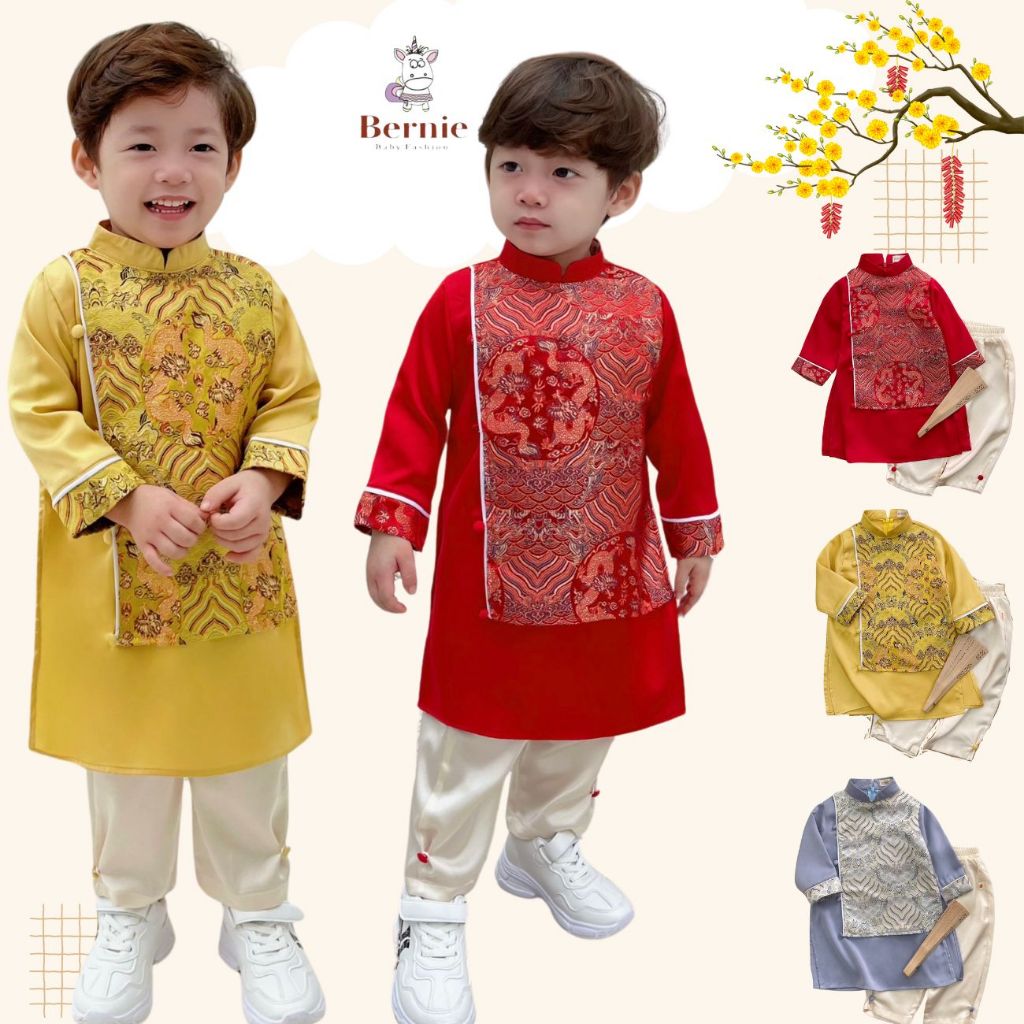 Set áo dài tết bé trai lụa gân phối gấm rồng kèm quần BERNIE màu đỏ vàng xanh cho bé từ 1 đến 7 tuổi