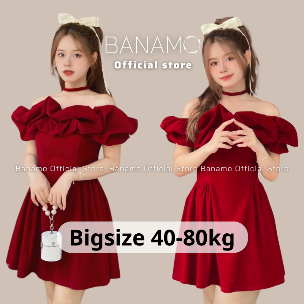 Đầm Nhung nữ BIGSIZE Banamo Fashion váy nhung đỏ trễ vai dáng xòe kèm cổ choker 5515