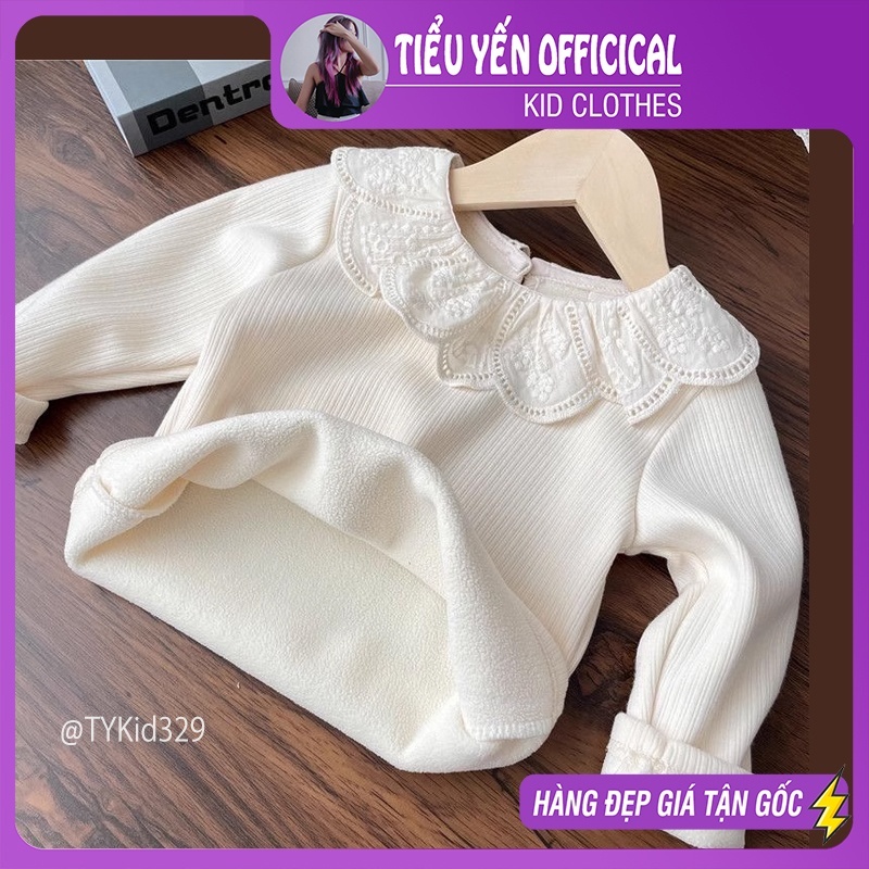 Quần áo trẻ em, Áo nỉ giữ nhiệt bé gái màu kem cổ ren lót nỉ dày ấm cho bé 9-27kg A329 | Tiểu Yến KID