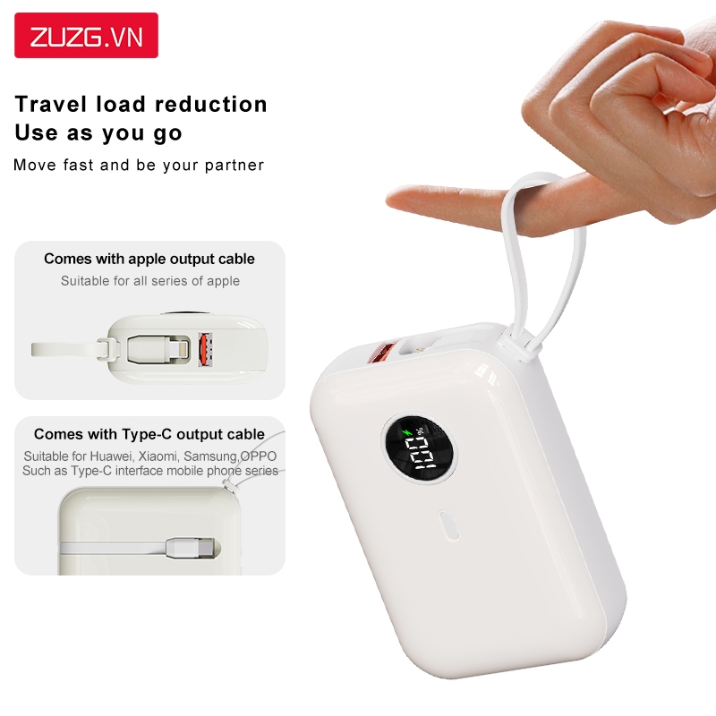 Sạc dự phòng 10000mah sạc nhanh 22.5W tích hợp sẵn 2 dây sạc cho lP và type c chính hãng ZUZG J40X