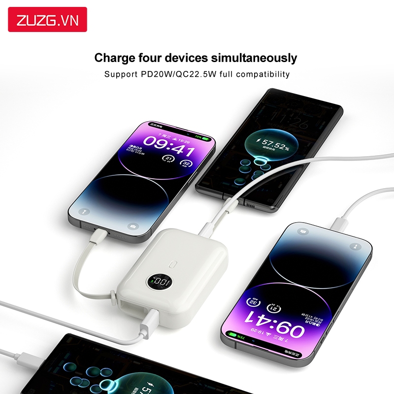 Sạc dự phòng 10000mah sạc nhanh 22.5W tích hợp sẵn 2 dây sạc cho lP và type c chính hãng ZUZG J40X
