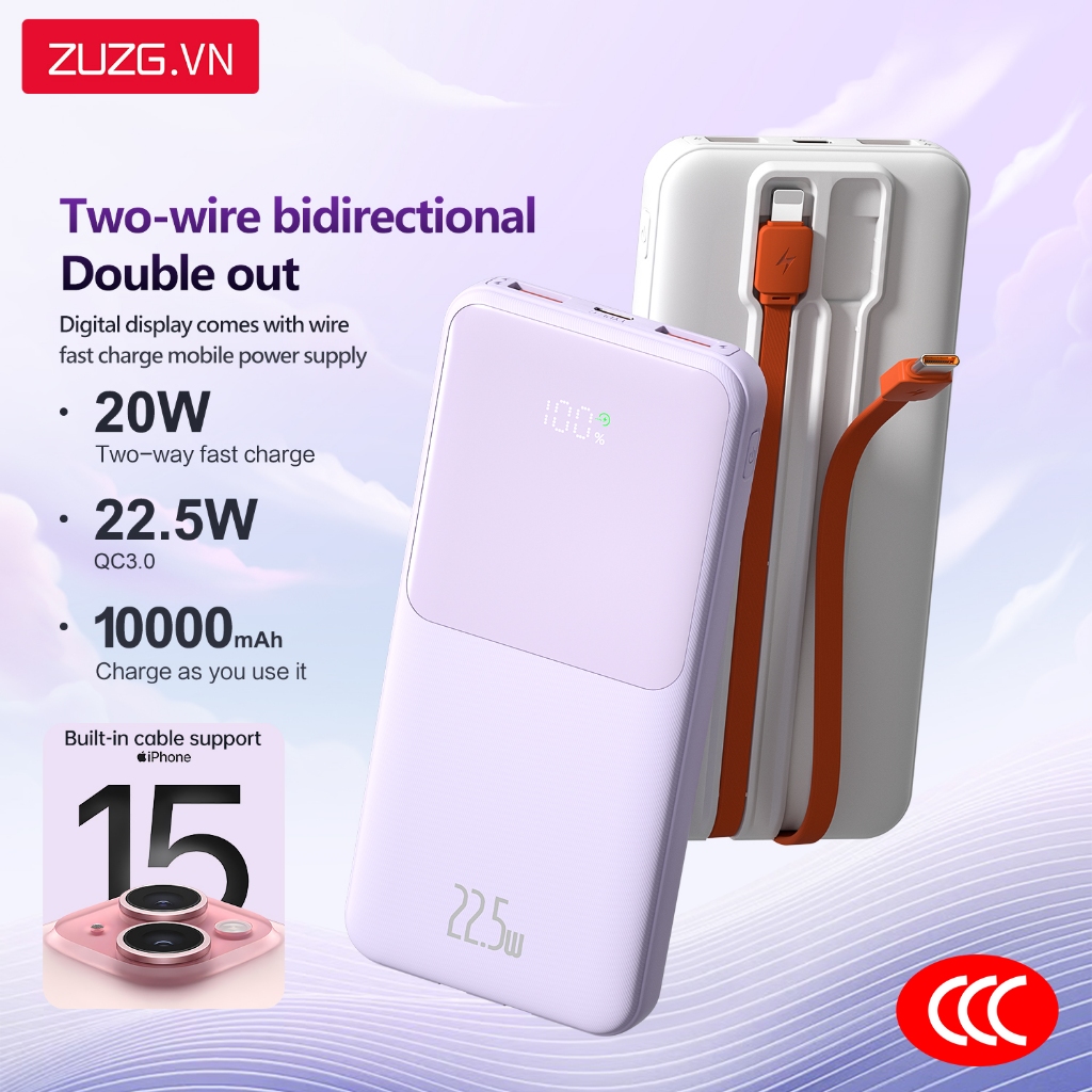 Sạc dự phòng 10000mah sạc nhanh 22.5W tích hợp sẵn 2 dây sạc cho lP và type c chính hãng ZUZG J40X