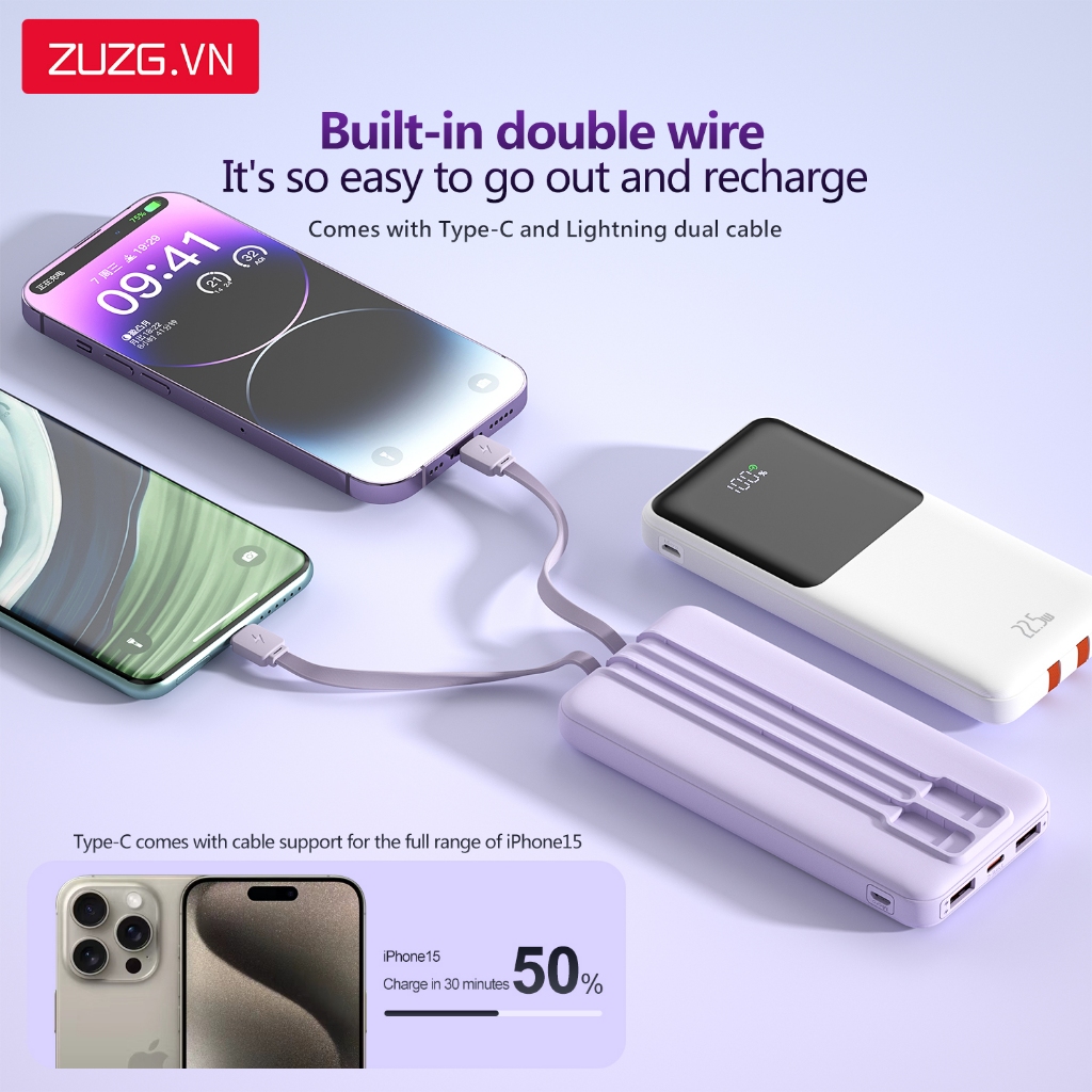Sạc dự phòng 10000mah sạc nhanh 22.5W tích hợp sẵn 2 dây sạc cho lP và type c chính hãng ZUZG J40X