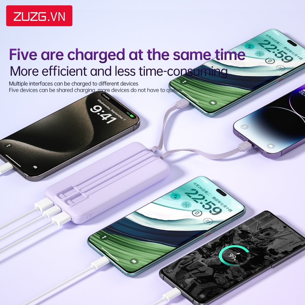 Sạc dự phòng 10000mah sạc nhanh 22.5W tích hợp sẵn 2 dây sạc cho lP và type c chính hãng ZUZG J40X