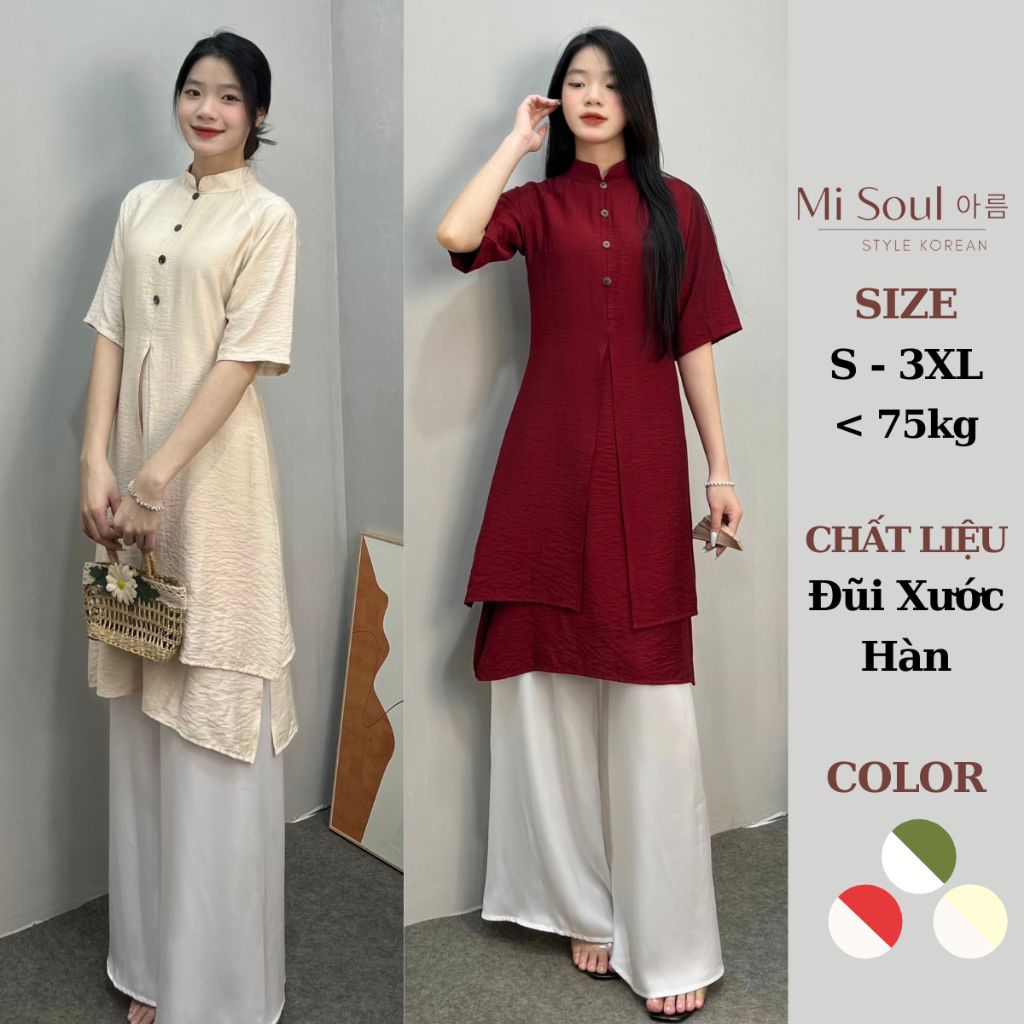 Áo Dài Nữ Xẻ Tà Chất Đũi Xước Hàn Kèm Quần Phối Màu Thanh Lịch BigSize MiSoul, Áo Dài Nữ Cách Tân 241
