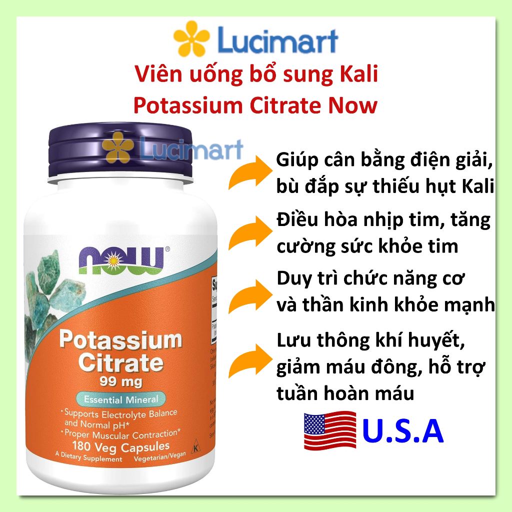 Viên uống bổ sung Kali Potassium Citrate/ Gluconate 99mg Now thuần chay hũ 100/ 180 viên [Hàng Mỹ]