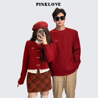  Đồ cặp áo len nam nữ dài tay thu đông hàn quốc PINKLOVE màu đỏ giả sơ mi thời trang couple cho cặp đôi P163 