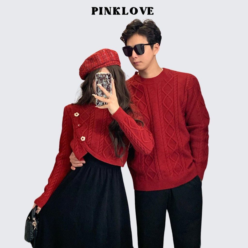 Đồ cặp nam nữ set couple áo nam đầm nữ thu đông PINKLOVE màu đỏ dày đẹp đi chơi đi tiệc sang trọng P165