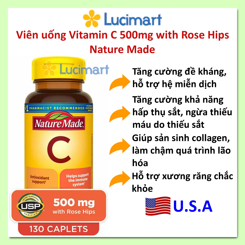 Viên uống bổ sung Vitamin C 500mg with Rose Hips Nature Made hũ 130 viên