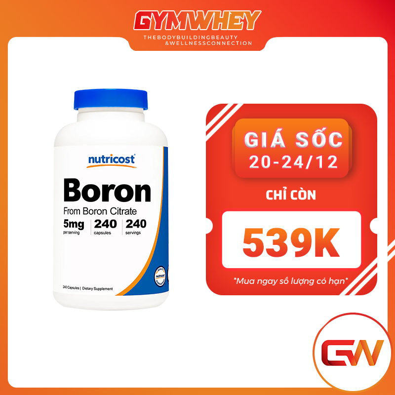 Nutricost Boron 5mg Viên Bổ Sung Boron Tăng Hệ Miễn Dịch Sinh Lý Cho Nam (240 Viên)