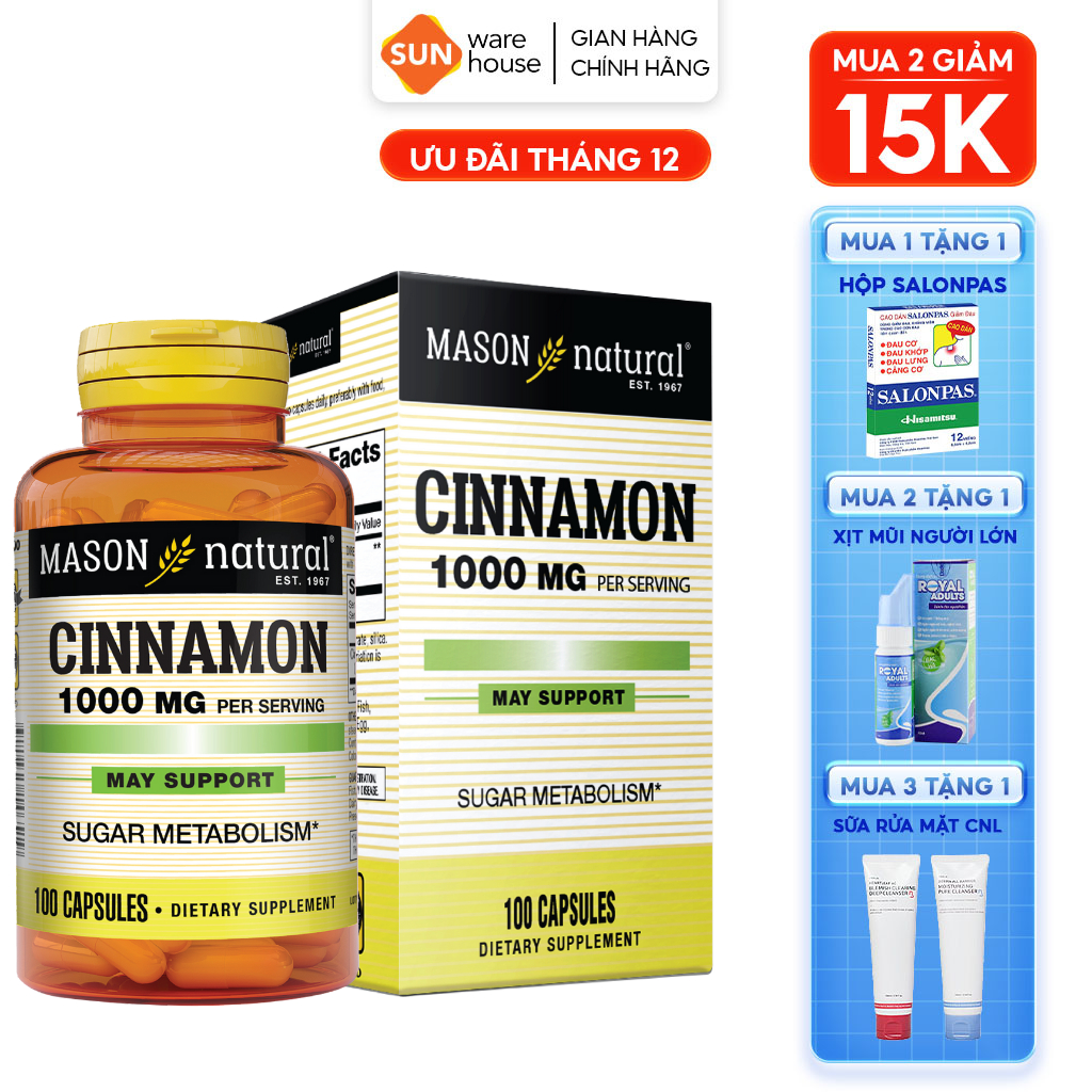 Viên Uống Hỗ Trợ Chuyển Hoá Đường MASON NATURAL Cinnamon 100 Viên