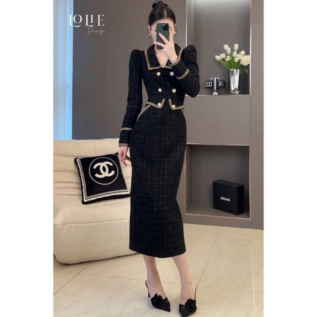 Váy dạ tweed nữ mùa thu đông - V1003 - Design by LOLIE