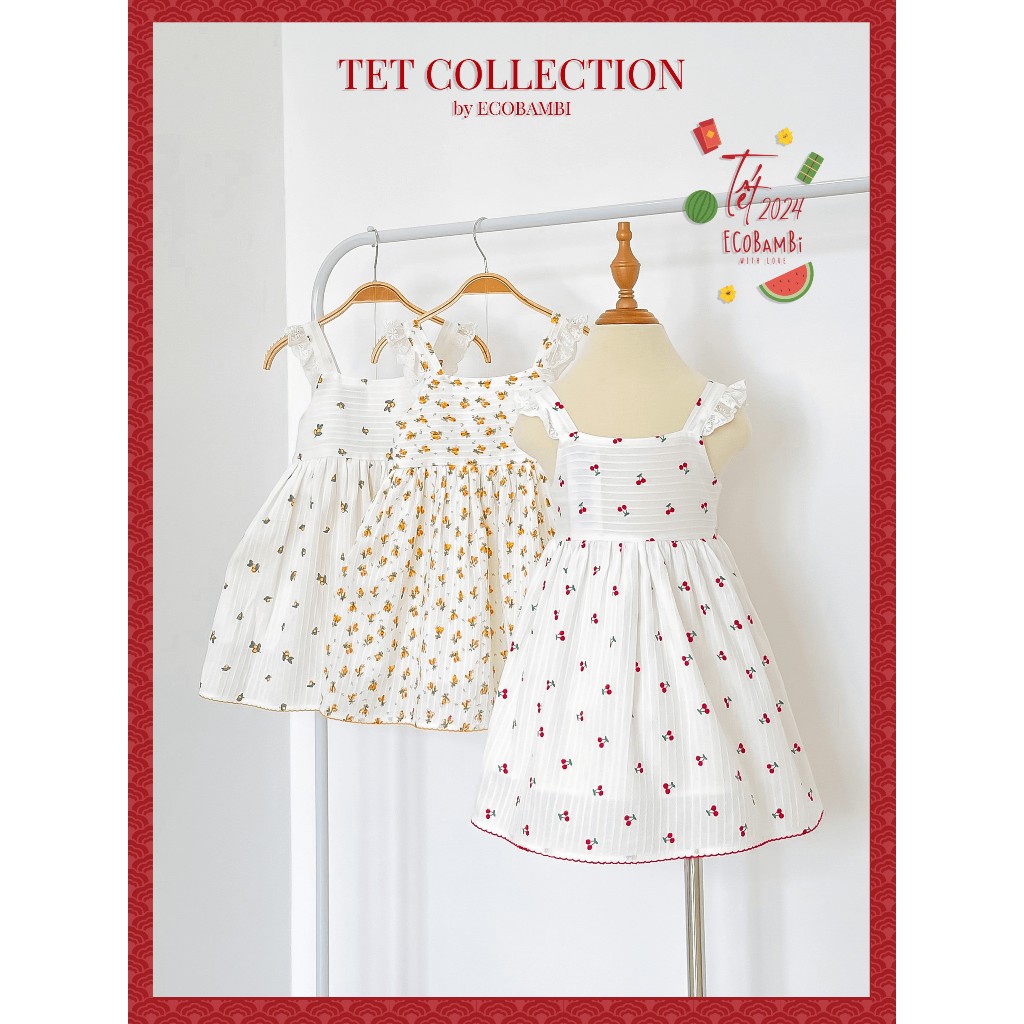 Đầm công chúa babydoll hai dây phối ren, màu trắng cotton thêu hoạ tiết dành cho bé gái - Ecobambi