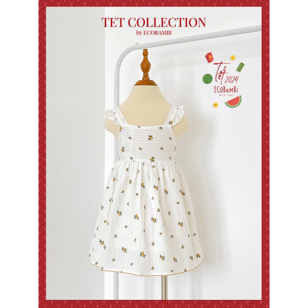 Đầm công chúa babydoll hai dây phối ren, màu trắng cotton thêu hoạ tiết dành cho bé gái - Ecobambi
