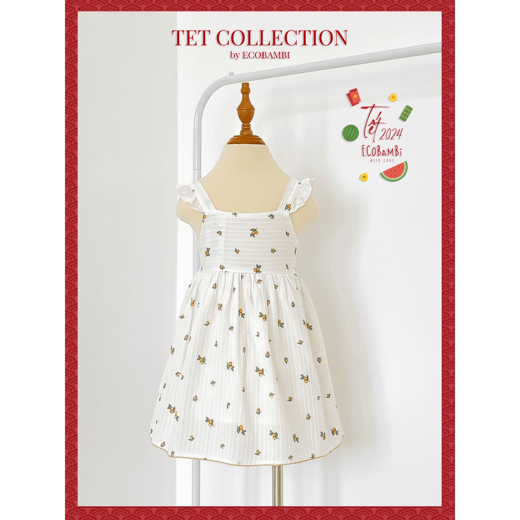 Đầm công chúa babydoll hai dây phối ren, màu trắng cotton thêu hoạ tiết dành cho bé gái - Ecobambi