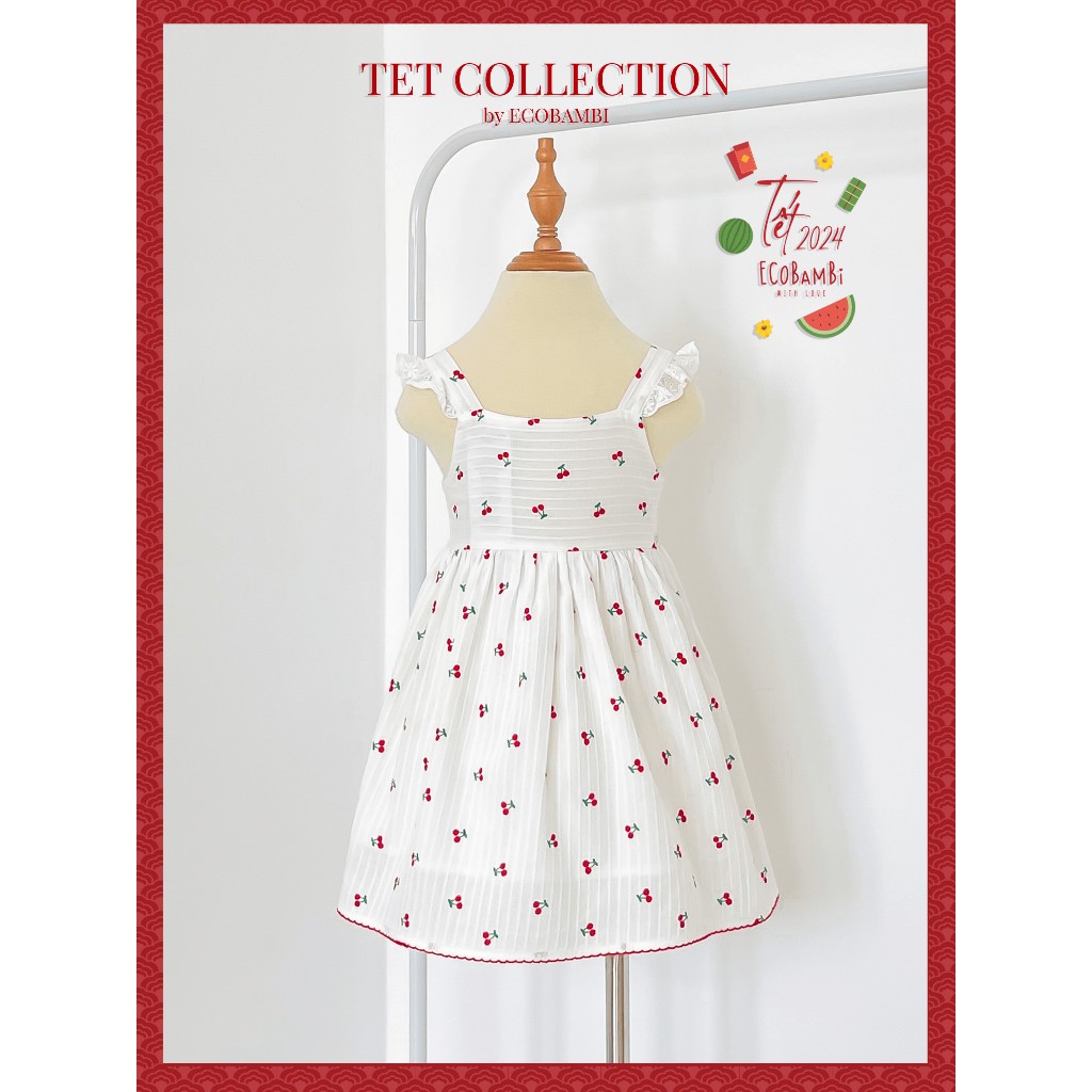 Đầm công chúa babydoll hai dây phối ren, màu trắng cotton thêu hoạ tiết dành cho bé gái - Ecobambi