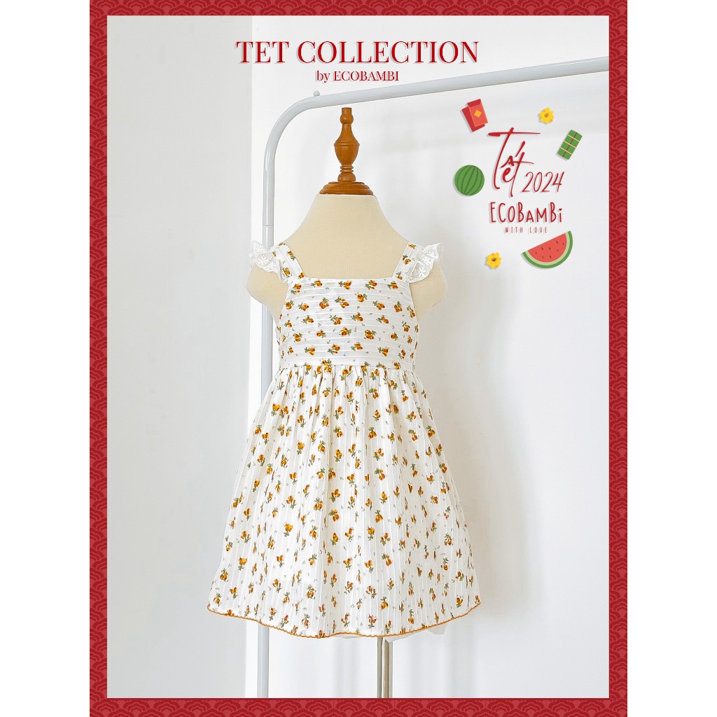 Đầm công chúa babydoll hai dây phối ren, màu trắng cotton thêu hoạ tiết dành cho bé gái - Ecobambi