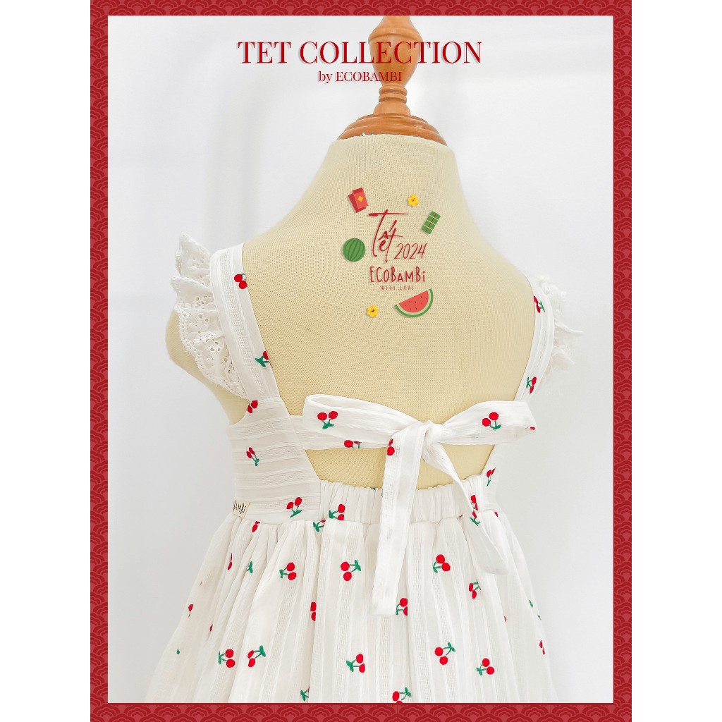 Đầm công chúa babydoll hai dây phối ren, màu trắng cotton thêu hoạ tiết dành cho bé gái - Ecobambi