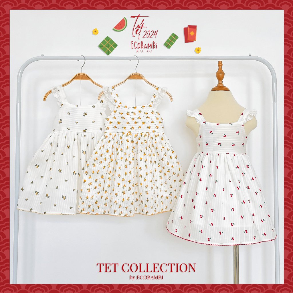 Đầm công chúa babydoll hai dây phối ren, màu trắng cotton thêu hoạ tiết dành cho bé gái - Ecobambi