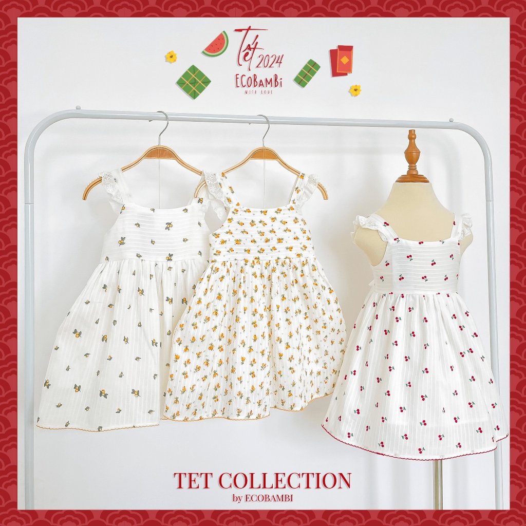 Đầm công chúa babydoll hai dây phối ren, màu trắng cotton thêu hoạ tiết dành cho bé gái - Ecobambi