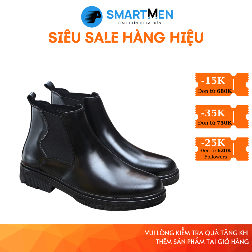 Giày Tăng chiều cao Da bò Cao cấp SMARTMEN Chelsea Boot LUX-C01 Đen