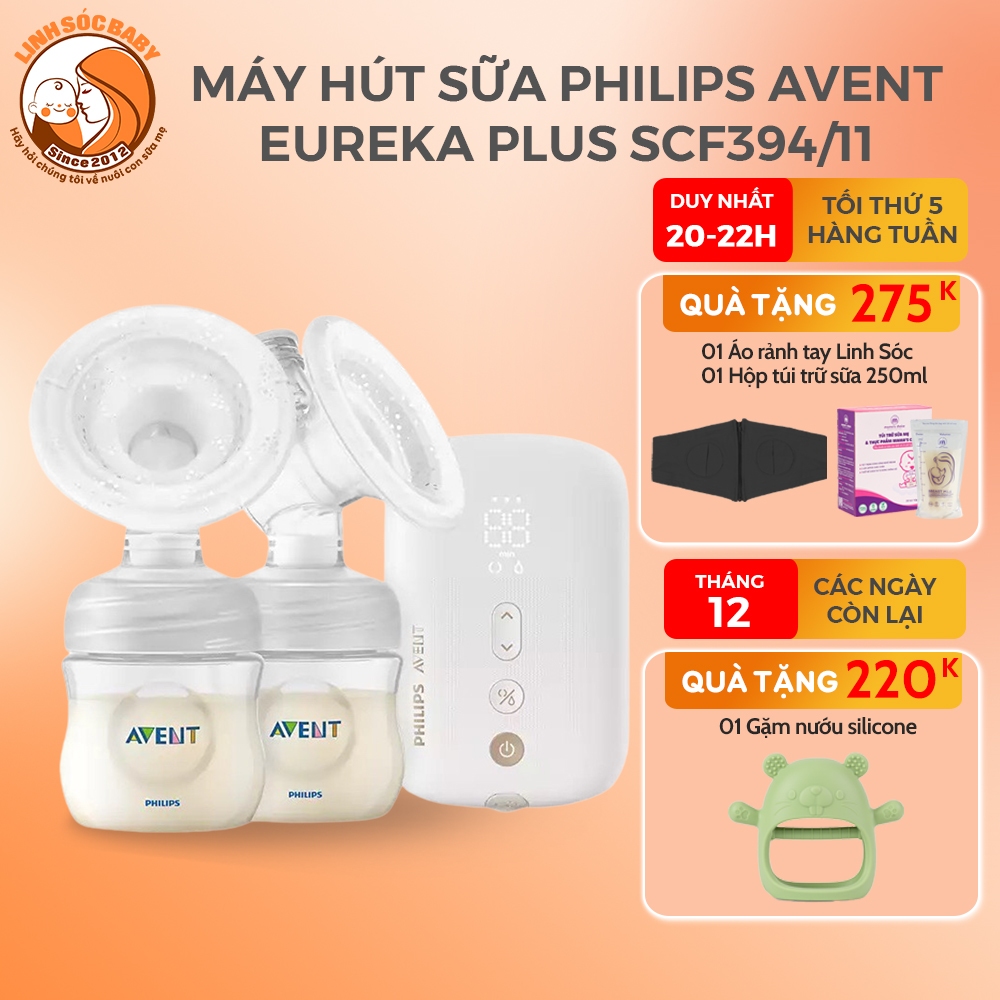 [Tặng 01 gặm nướu] Máy hút sữa Philips Avent Eureka Plus SCF394.11|Đệm mát xa silicon mềm mại, dùng điện hoặc pin sạc