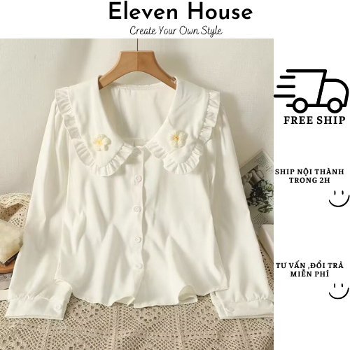 Áo sơ mi nữ cổ búp bê đính kèm hoa xinh xắn tiểu thư 11 House