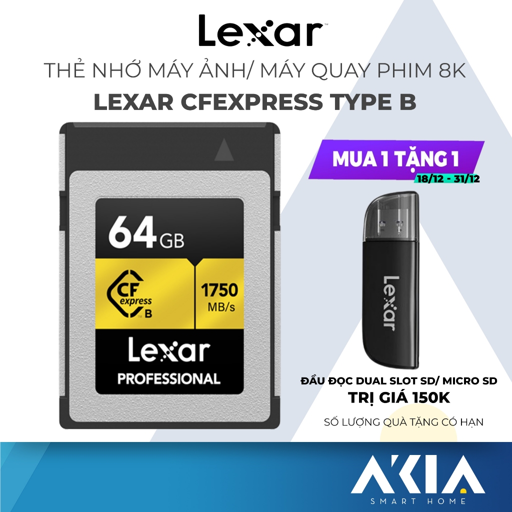 Thẻ nhớ CFexpress Type B 64GB/ 128GB Lexar Gold series, quay video 8K, tốc độ đọc đến 1750Mb/s, ghi 1000Mb/s