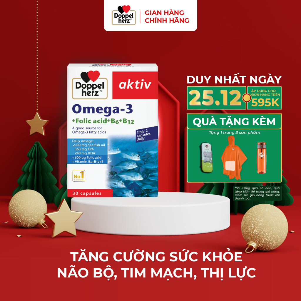  Viên uống tăng cường thị lực, tim mạch và não bộ Doppelherz Omega 3 + Folic acid + B6 + B12 