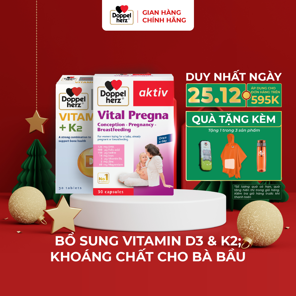 Bộ đôi dưỡng thai bổ sung Vitamin, tăng cường hấp thụ Canxi cho mẹ bầu Doppelherz Vital Pregna + K2 D3 (02 hộp 30 viên)