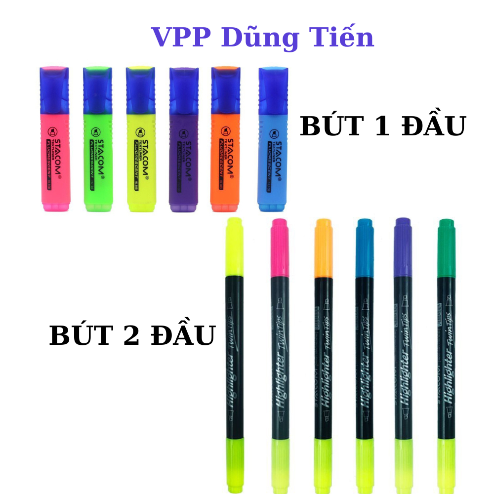 Bút nhớ dòng Stacom, bút dạ quang highlighter 1 đầu/ 2 đầu các màu