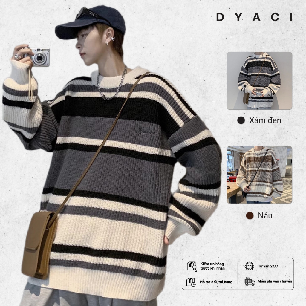 Áo Len Nam Cổ Tròn Kẻ Ngang Quảng Châu Phối Màu Kiểu Dáng Sweater Unisex Phong Cách Hàn Quốc DYACI AL57