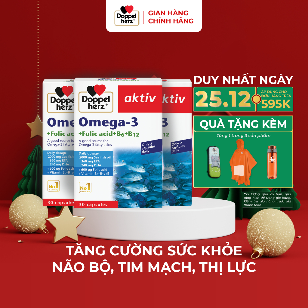 Combo 03 hộp viên uống dầu cá tăng cường thị lực, tim mạch, não bộ Doppelherz Omega 3 + Folic acid + B6 + B12 (Hộp 30v)