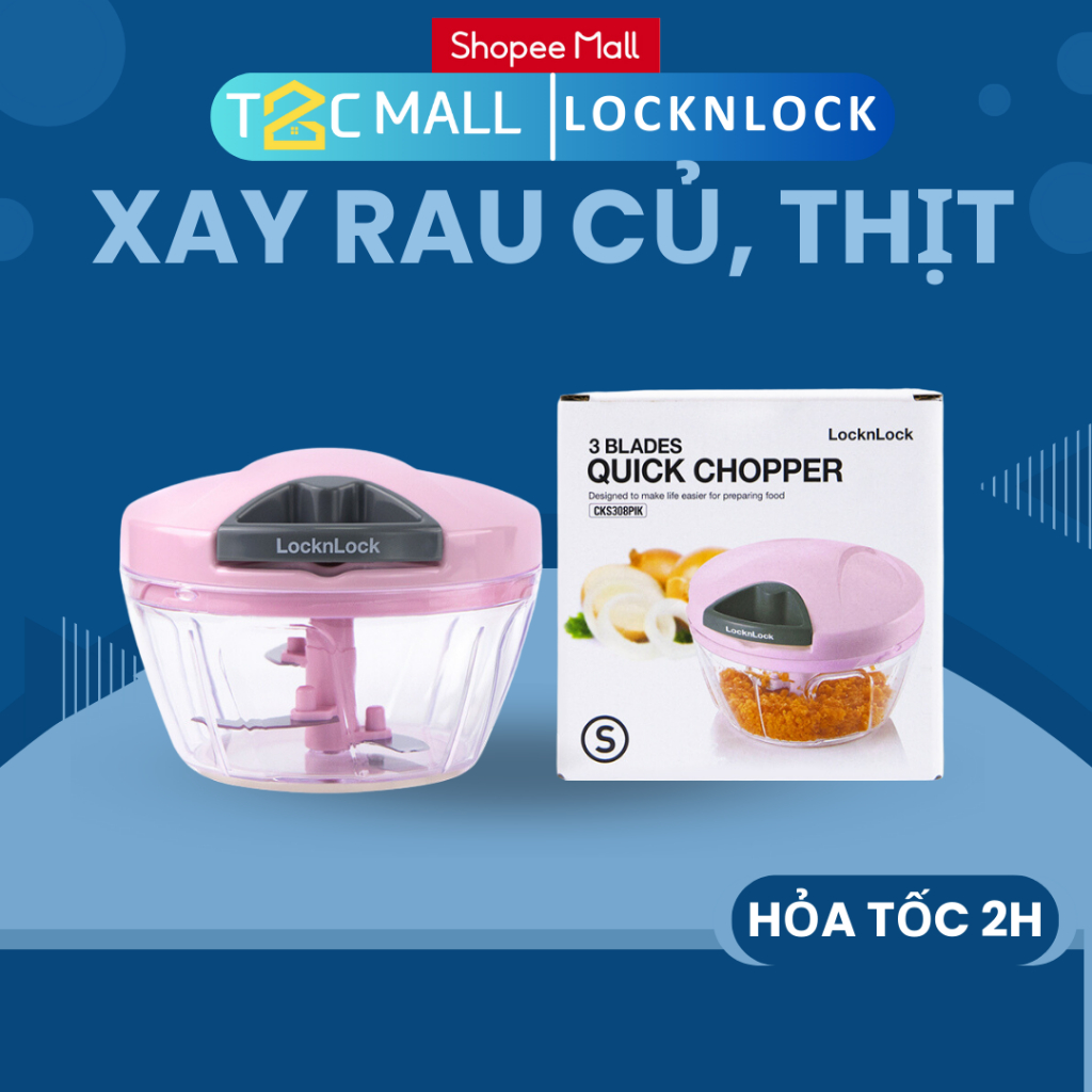 Dụng cụ băm rau củ quả, xay hành tỏi ớt cầm tay LocknLock 400ml Màu Pink CKS308PIK - Chính Hãng- T2CMALL