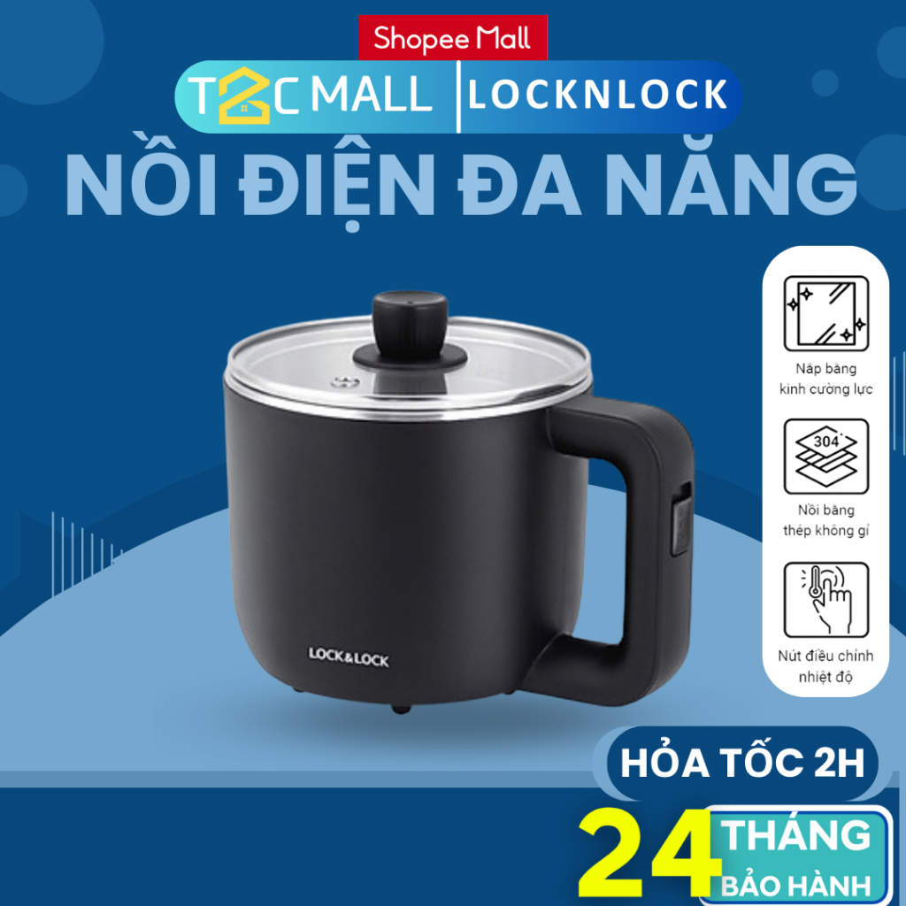 Nồi điện đa năng LocknLock 0.8L Kèm Khay Hấp Trứng, nồi lẩu mini, nấu mì  EJP116BLK T2Cmall