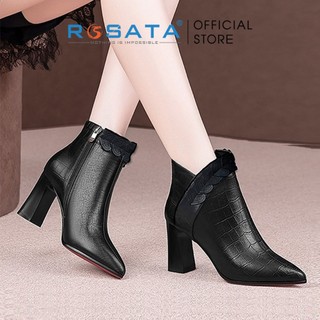 Giày bốt nữ cổ cao đế vuông 8p ROSATA RO445 mũi nhọn mềm mại khóa kéo