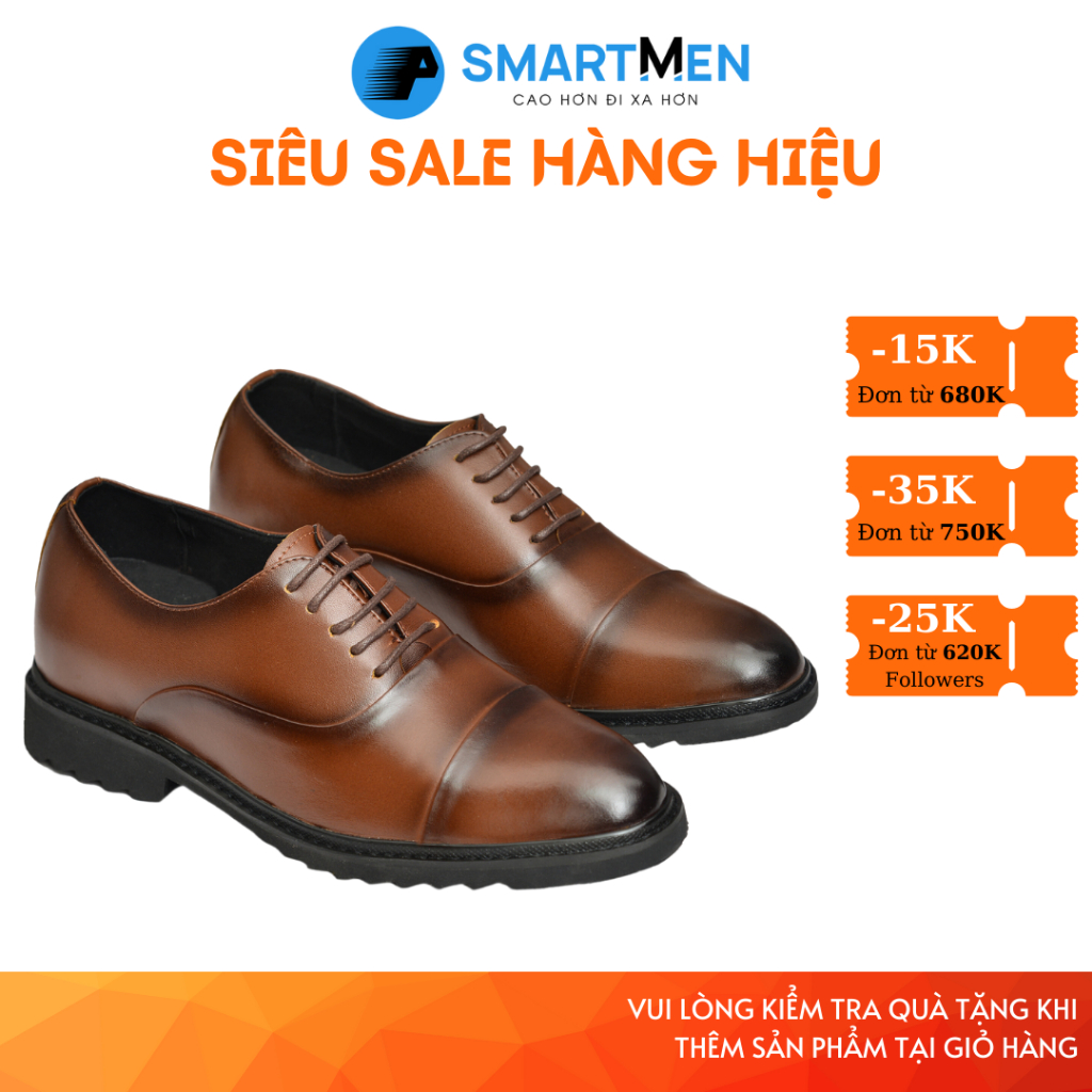 Giày tây Tăng chiều cao Da bò SMARTMEN GD-460 Nâu