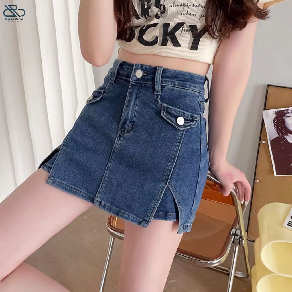 Quần Váy Jeans Bigsize Cô Nhỏ,Váy Ngắn Chữ A Lưng Cao Có Quần Vải Jean Không Co Giãn GV2