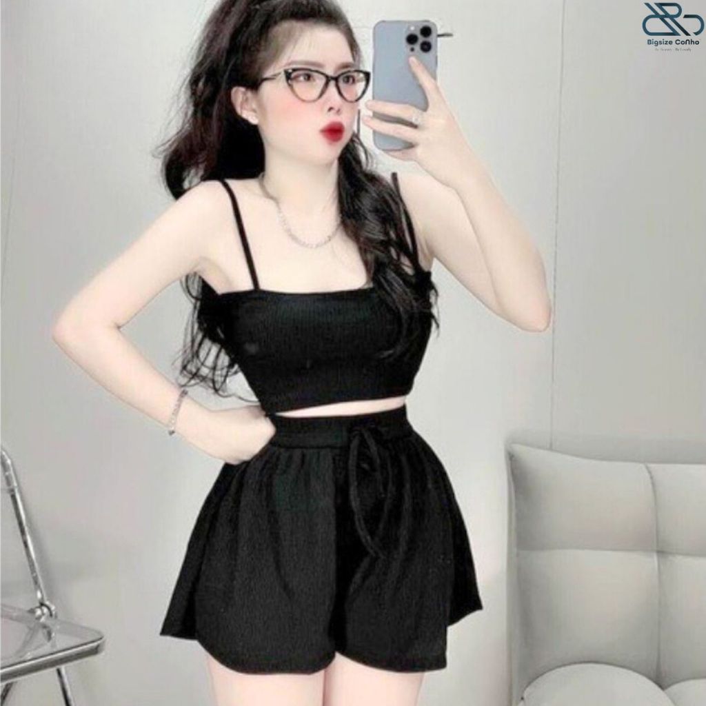 Combo Quần Đùi Kèm Áo Dây Bigsize Cô Nhỏ Chất Liệu Thun Gân Co Giãn Thấm Hút Mồ Hôi SET19
