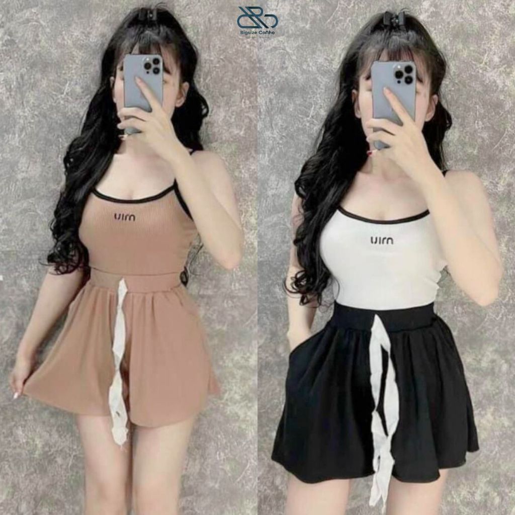 Set Đồ Bộ Bigsize Cô Nhỏ Áo Dây Chữ Miu Kèm Quần Đùi Thun Gân Tăm Thấm Hút Mồ Hôi SMIU