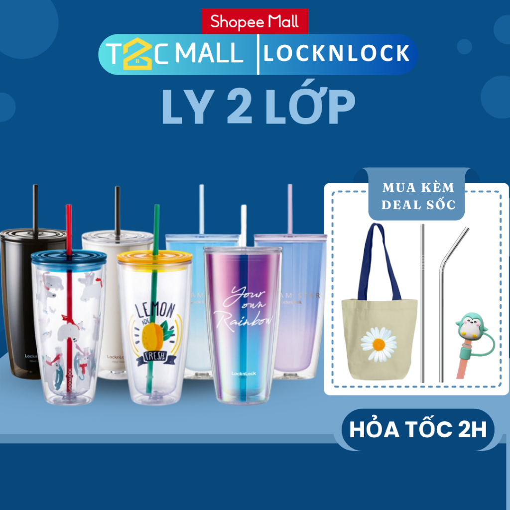 Ly Nhựa Cách Nhiệt 2 Lớp LocknLock 750ml - Hàng chính hãng kèm ống hút và cọ rửa HAP507 , HAP522 -T2CMALL