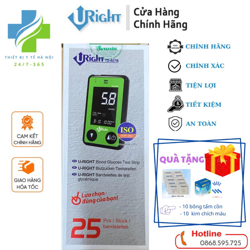 Que thử đường huyết Uright TD-4278 ( Hộp 25 que) + Tặng kèm 10 kim chích máu + 10 bông tẩm cồn)