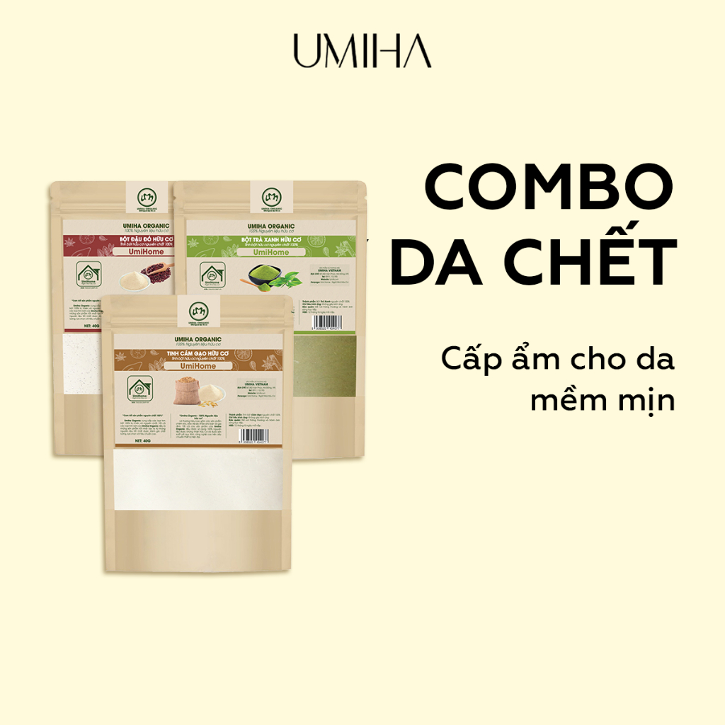 Combo 3 bột tẩy tế bào chết và cấp ẩm cho da nguyên chất UMIHOME (40Gx3) gồm bột Trà Xanh, Cám Gạo, Đậu Đỏ