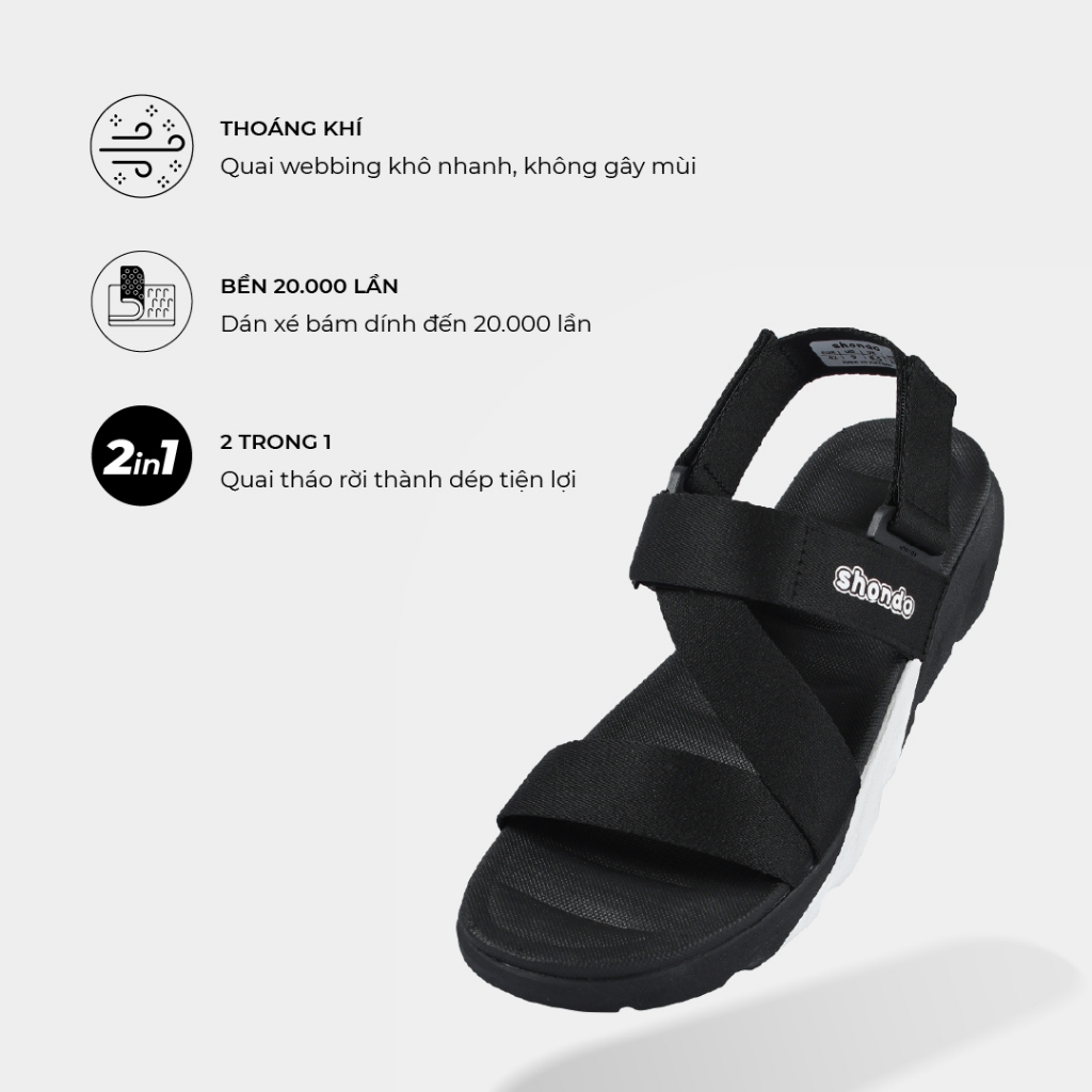 Giày Sandal Nam Nữ SHONDO F6 Sport Thời Trang Nhẹ Êm Đi Học, Đi Làm Đế Cao 4,5cm Màu Trắng Đen F6S0111