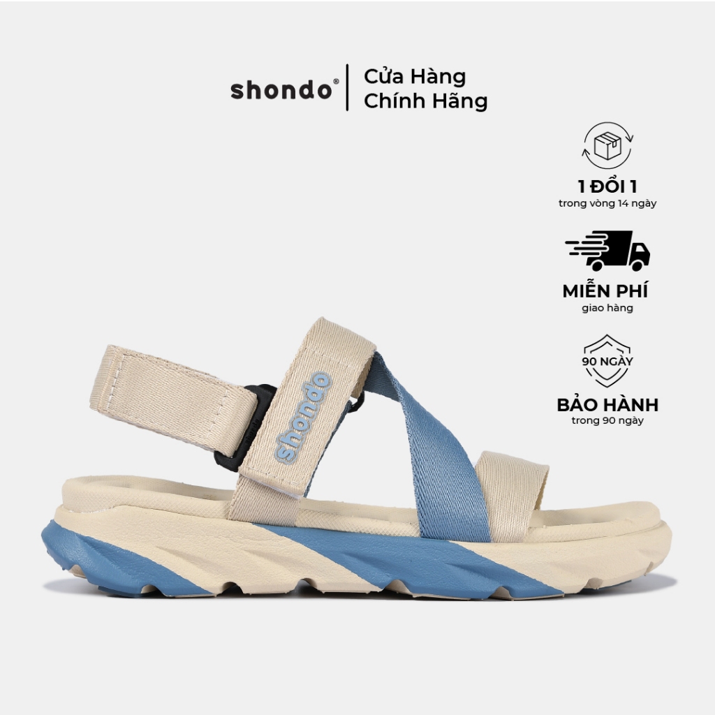 Giày Sandal Nam Nữ SHONDO F6 Sport Thời Trang Nhẹ Êm Đi Học, Đi Làm Đế Cao 4,5cm Màu Be Xanh Dương F6S2535