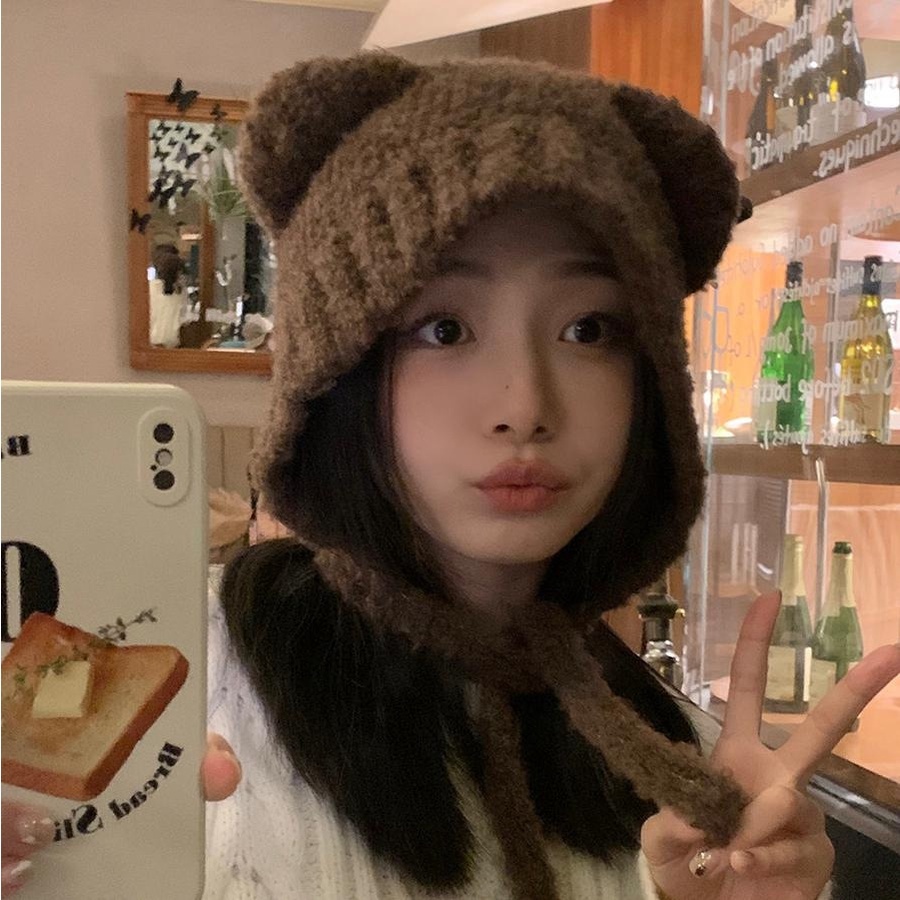 Mũ len nữ tai gấu dệt kim giữ ấm mùa đông, Nón len nữ hàn quốc tai mèo SLEEPYCHIC dễ thương cho học sinh