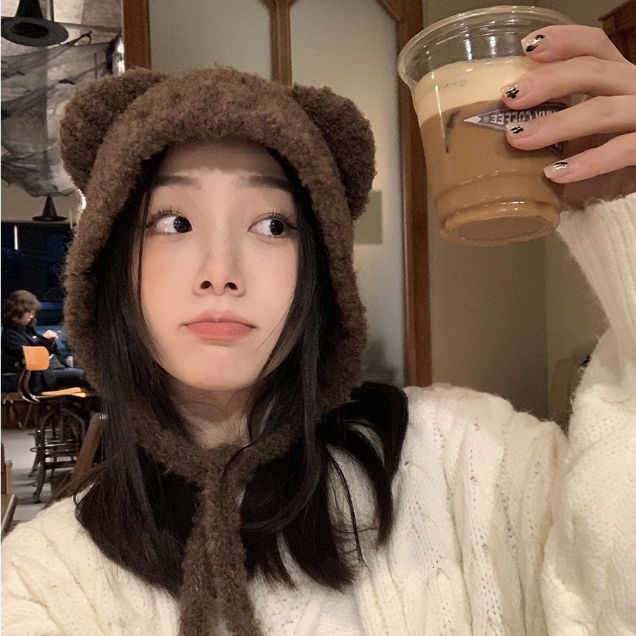 Mũ len nữ tai gấu dệt kim giữ ấm mùa đông, Nón len nữ hàn quốc tai mèo SLEEPYCHIC dễ thương cho học sinh