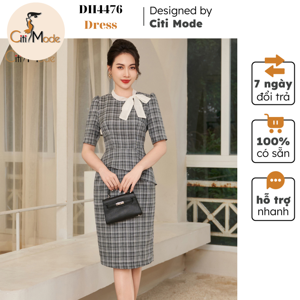 Đầm công sở CITI MODE FASHION thiết kế dáng ôm peplum kẻ đen phối cổ voan nơ DH4476