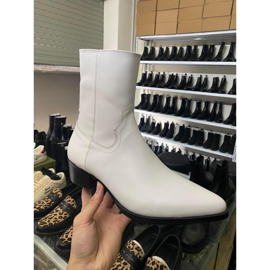Lukas Boots Monochrome Zip Bốt Nam Trắng Đế Đen, Gót Gỗ 5cm và 6cm Mũi Nhọn Khóa Kéo YKK Chính Hãng 
