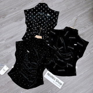 Áo nhung rúm eo cổ leo 3P kèm tag cài sang chảnh AT7463 - NhiNhi Shop